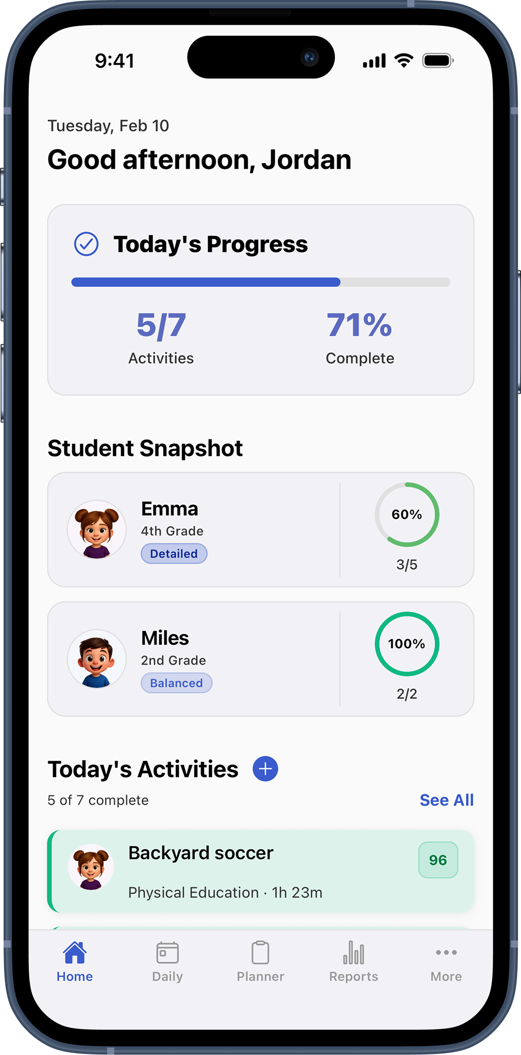 Throughline homeschool planner on iPhone showing today’s progress, student snapshot, and activities